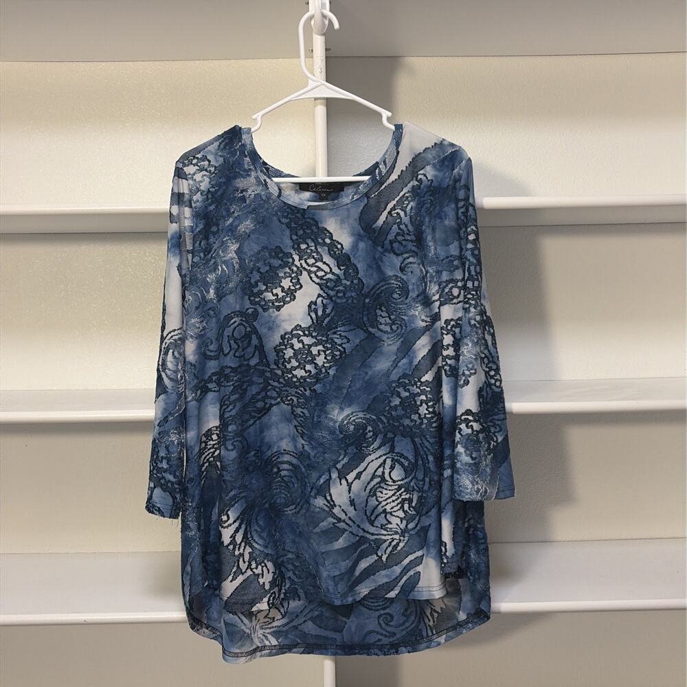 Calessa Womens Tunic Size 1X Blue Textured Paisley Stretch 3/4 Sleeve Boho